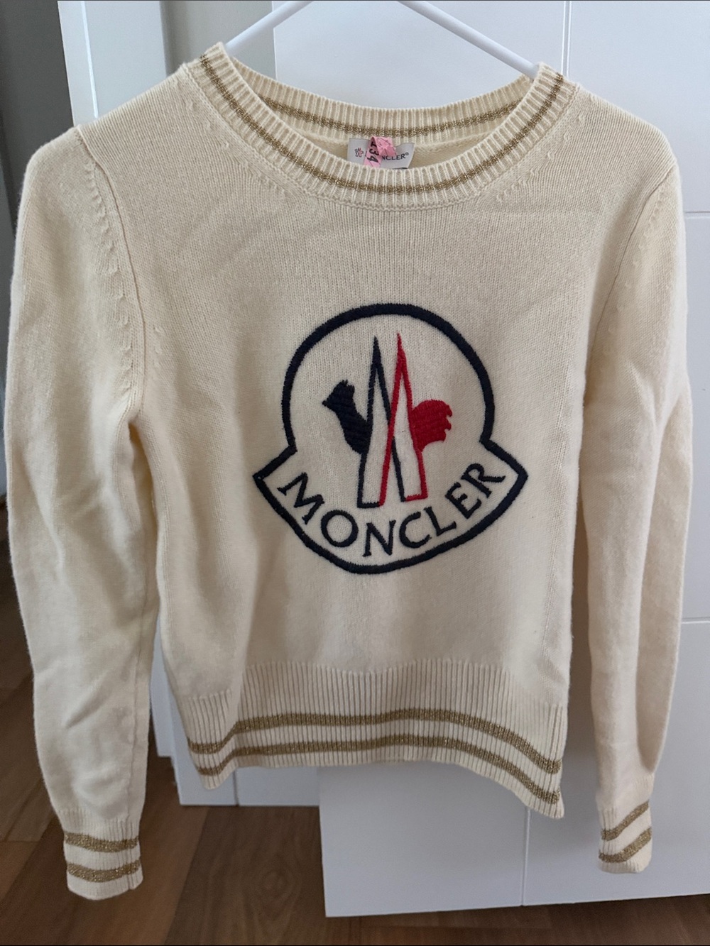 Moncler Cream Crewneck Sweater with Tricolor Logo